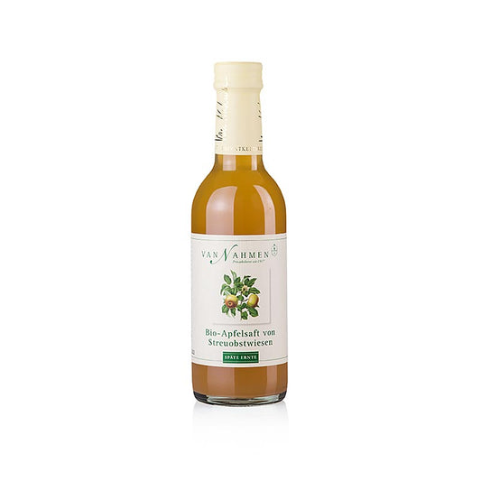 250 ml Streuobstwiesen Apfelsaft, Späte Ernte, 100% Direktsaft, van Nahmen, BIO - aus verschiedenen Streuobstwiesen-Sorten, die zu den artenreichsten Lebensräumen gehören, hergestellt Der Saft basiert ausschließlich auf spät geernteten Äpfeln und enthält keine Konservierungs- oder Aromastoffe, wodurch alte Obstsorten und traditionelle Kultursorten erhalten werden