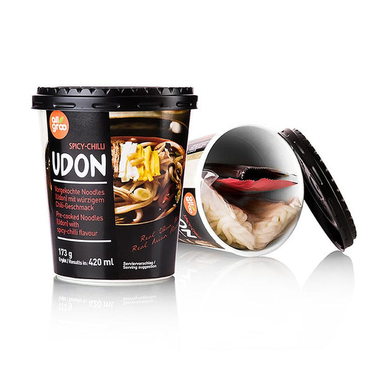 Instant Udon Cup Nudeln, Spicy Chili (scharf), Südkorea, Allgroo, 173 g - Frische Udon Nudeln, feurige Schärfe und umami Geschmack Ideal für Liebhaber von koreanischen Maßstäben