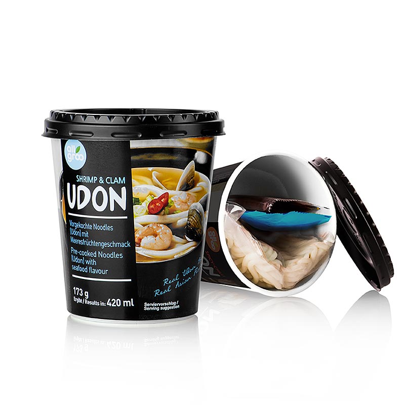 Instant Udon Cup Nudeln, Shrimp & Clam (Meeresfrüchte), Südkorea, Allgroo, 173 g - frische und dicke Udon Nudeln in einem praktischen Becher, perfekt für Liebhaber von frischen Nudeln