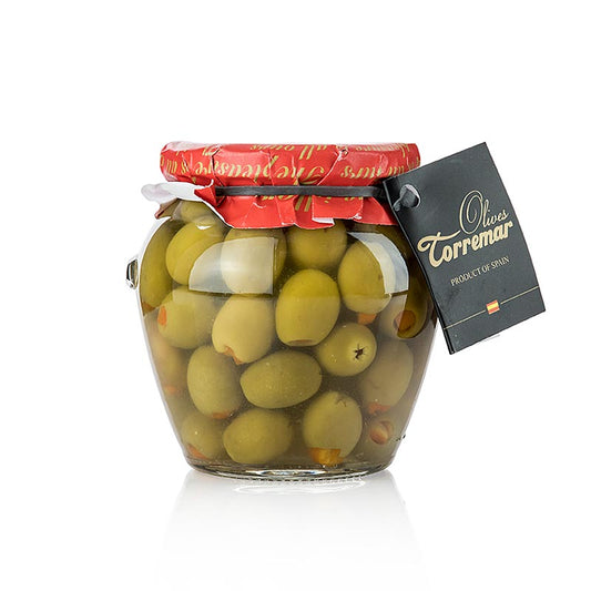 Sonnengereifte grüne Manzanilla-Oliven, entkernt und per Hand mit erfrischender Orangenhaut gefüllt, ideal als Aperitif oder auf Vorspeisenplatten