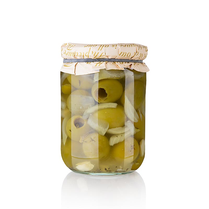 Grüne Oliven ohne Kern Gordal mit Zwiebeln, Knoblauch, Olivenöl und Petersilie, servierfertig nach traditioneller Rezeptur