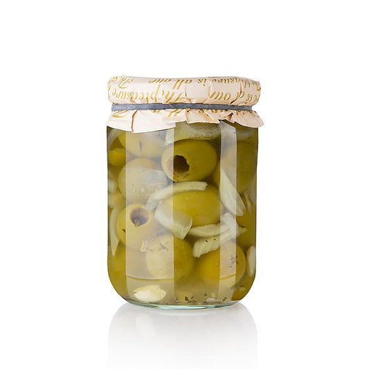 Grüne Oliven ohne Kern Gordal mit Zwiebeln, Knoblauch, Olivenöl und Petersilie, servierfertig nach traditioneller Rezeptur