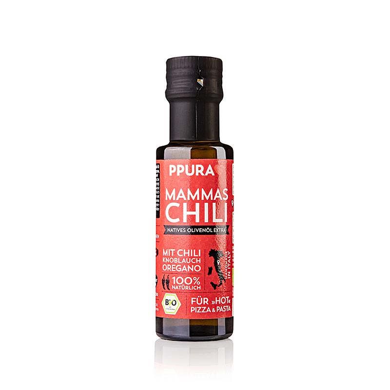 Natives Olivenöl Extra, Ppura Mammas Chili, Knoblauch & Oregano, BIO, 100 ml - Einzigartiges italienisches Olivenöl mit feiner Mischung aus Chili, Knoblauch und Oregano, ideal für Salate, Marinaden und authentische Geschmackserlebnisse in der Küche Entdecken Sie die Bio-Qualität aus Italien, die Sie und Ihre Familie lieben werden
