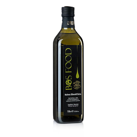 Natives Olivenöl Extra BOS FOOD aus Griechenland, Lakudia, 750 ml - fruchtig, nussig, leicht pikant, unfiltriert abgefüllt, ideal zum Kochen, Verfeinern von Dressings und Salaten, sowie zum puren Genuss