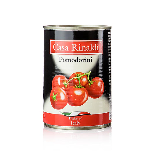 Ein Glas mit 400 g süßen, ganz eingelegten Cherrytomaten (Pomodorini) von Casa Rinaldi, perfekt für Antipasti Genießen Sie die einzigartigen Einleg- und Eingemachten-Antipasti!