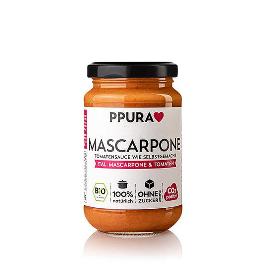 Sugo Mascarpone - mit Tomaten und Mascarpone, Bio, 340 g: Genießen Sie den authentischen Geschmack Italiens mit unserer cremigen Sugo Mascarpone, perfekt kombiniert aus sonnengereiften Tomaten und feinstem Mascarpone Aus biologischem Anbau, mit hochwertigen Zutaten, ohne künstliche Zusatzstoffe Perfekt für köstliche Pastagerichte Jetzt Ppura Sugo Mascarpone in der Schweiz kaufen