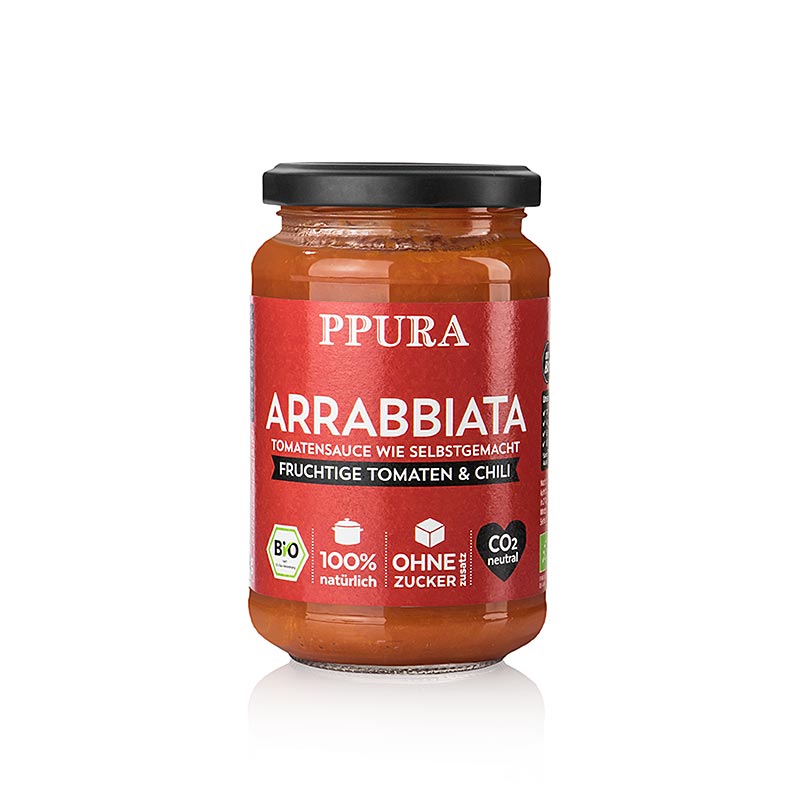 Bio-Sugo Arrabbiata mit Tomaten, Knoblauch und Chili, vegan und glutenfrei Ideal für Liebhaber der mediterranen Küche! Kaufen Sie Ppura Sugo Arrabbiata in der Schweiz