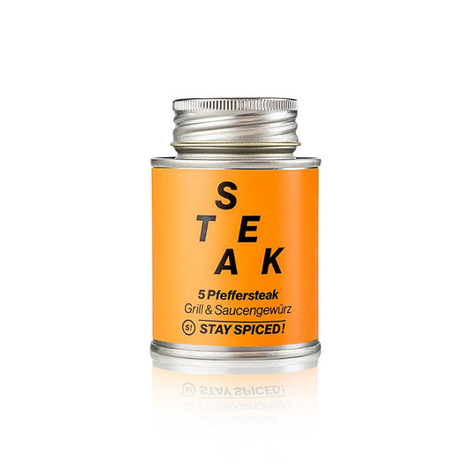 Eine Streudose mit 70 g Stay Spiced! 5-Pfeffer-Steak Gewürzzubereitung, ideal für Steaks, Schweinefleisch und Geflügel Enthält Rosa Beeren, grünen Pfeffer, Szechuanpfeffer, schwarzen Pfeffer und Cubebenpfeffer