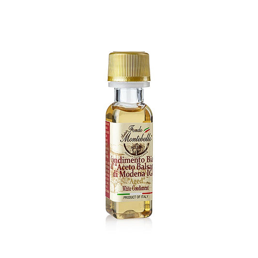 Condimento Balsamico, weiß, Fondo Montebello, 20 ml - Genießen Sie den einzigartigen Geschmack des Aceto Balsamico Fondo Montebello Condimento Balsamico in einer 20 ml Flasche, ideal zum Verfeinern von Salaten, Desserts und anderen Gerichten