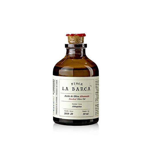Olivenöl Geräuchert, 100% Arbequina, 50ml, Finca La Barca - Natürlich aromatisiertes Olivenöl in einer 50 ml Flasche, perfekt zum Verfeinern von Salaten, Suppen, Fleisch und Fisch