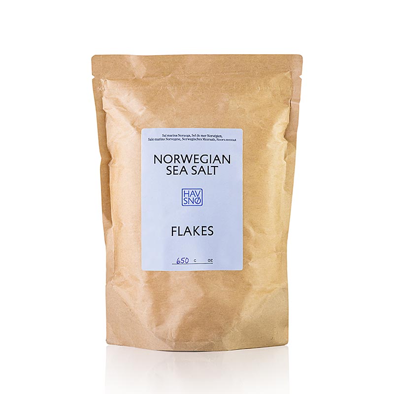 Meersalzflocken HAVSNØ, 650g, Norwegen, gewonnen aus reinem Meerwasser der Saltsteinsleia in der Norwegischen See, mit glatter, weicher und leicht knuspriger Konsistenz, stark salziger, aber reiner Geschmack dank natürlicher Mineralgehalte