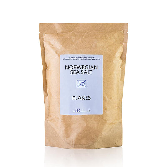 Meersalzflocken HAVSNØ, 650g, Norwegen, gewonnen aus reinem Meerwasser der Saltsteinsleia in der Norwegischen See, mit glatter, weicher und leicht knuspriger Konsistenz, stark salziger, aber reiner Geschmack dank natürlicher Mineralgehalte
