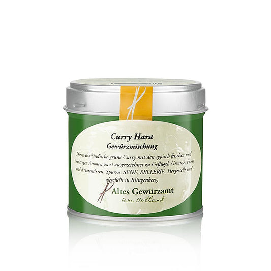 65 g Curry-Pulver Hara von Altes Gewürzamt, perfekt für thailändisches grünes Curry mit frischen und kräutrigen Aromen, passt gut zu Geflügel, Gemüse, Fisch und Krustentieren, empfohlen für asiatischen Rindfleischsalat