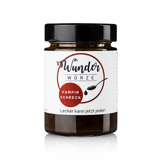 Bild einer Packung Wunderwürze - Vampir Schreck, Marinade, eatventure, 165 g mit temperaturresistenten Gewürzen in Öl, das intensives und lang anhaltendes Aroma bietet und vielseitig für verschiedene Rezepte verwendet werden kann