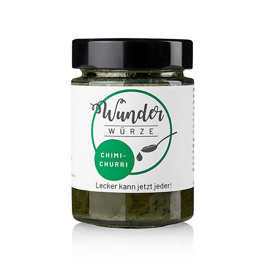 Bild zeigt das Produkt Wunderwürze - Chimichurri, Marinade, eatventure, 165 g für vielseitige Verwendung beim Kochen, Braten und Grillen Seine ölbasierte Zusammensetzung ermöglicht intensive Aromen wie Trüffel, Sojasauce, Honig und fermentierten Knoblauch