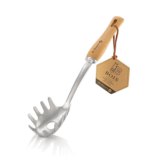 Spatel aus Edelstahl und Buchenholz für die Zubereitung und das Servieren von Spaghetti Ergonomisch geformter Griff, gelochtes Design für einfaches Ausgießen Abmessungen: 36,5 x 8,5 x 5 cm Spülmaschinenfest