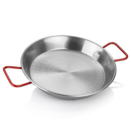 deBUYER Viva Espana Paella Pfanne, rote Griffe, 40cm (502640N), 1 St - Hochwertige Edelstahl-Pfanne mit rotem Griff, ideal für die Zubereitung von traditioneller spanischer Paella, leicht zu reinigen und langlebig