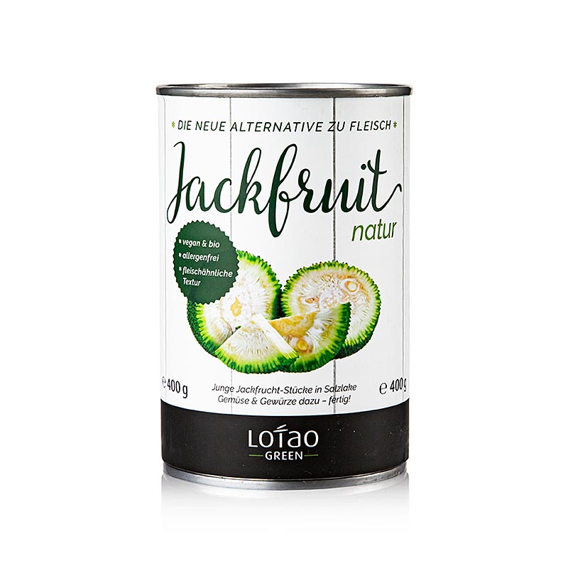 Bio, vegane Jackfruit in 400 g Verpackung von Lotao, ideal als Fleischersatz für vegane Ernährung, fettarm und kalorienarm, perfekt für Currys und Pfannengerichte