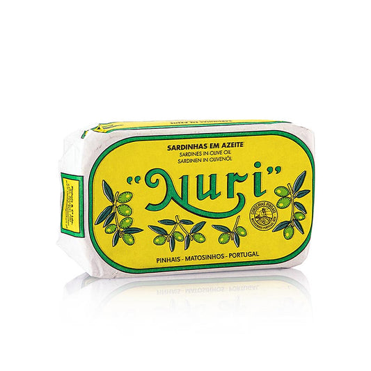 Sardinen in Olivenöl von Nuri aus Portugal, 3-5 Stück, 125 g, hochwertige konservierte Fischdelikatesse zum Genießen und Verschenken
