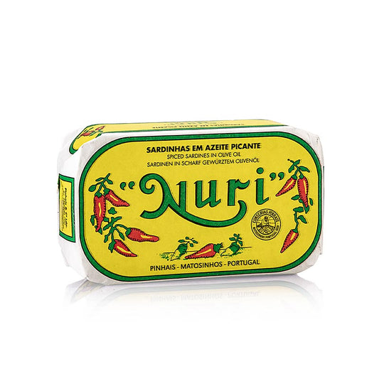 Sardinen in Olivenöl, pikant, 3-5 Stück, Nuri (Portugal), 125 g - Hochwertiger und frischer Genuss aus Portugal, perfekt für eine Vielzahl von Gerichten