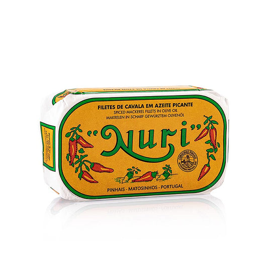 Makrelenfilets in Olivenöl, pikant, 3-4 Stück, Nuri (Portugal), 125 g - Köstliche Fisch- und Meerestierprodukte von Nuri in Portugal für Genießer