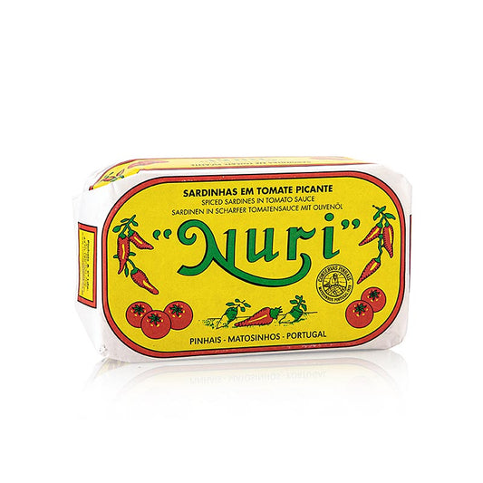 Sardinen in Olivenöl und pikante Tomatensauce, 3-5 Stück, Nuri (Portugal), 125 g, Fischprodukte auf Konservenbasis aus dem Meer