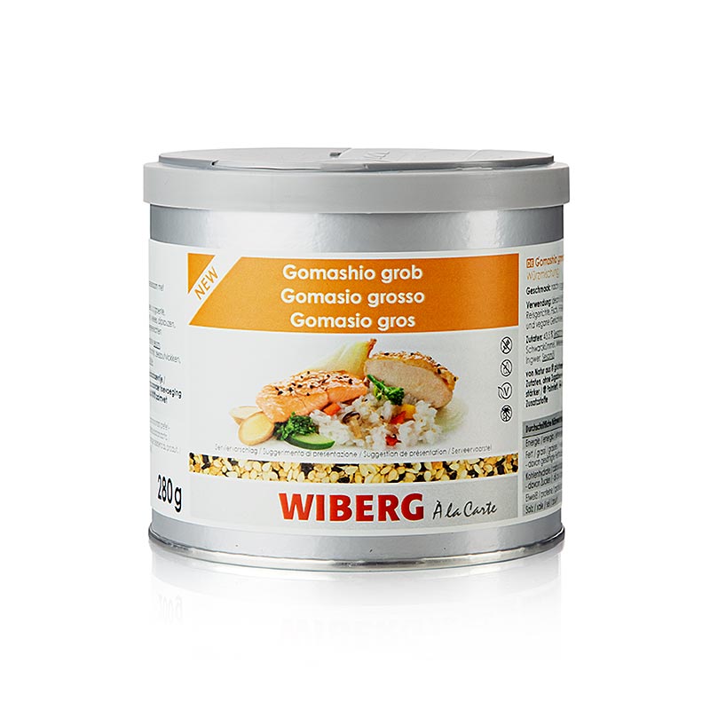Wiberg Gomashio, grob, Würzmischung, 280 g - Produktillustration mit geröstetem Sesamgeschmack und feiner Salznote für Salate, Gemüse, Kartoffeln, Reisgerichte, Fisch, Fleisch, Dip-Saucen, vegetarische und vegane Gerichte