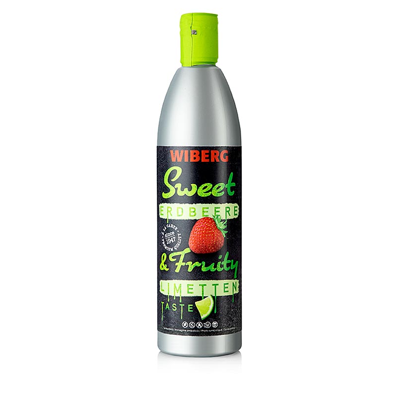 Ein Glas WIBERG Sauce Sweet and Fruity - Erdbeere & Limette, 500 ml, verziert mit einem roten Erdbeer-Limetten-Dessert und frischer Minze, ideal zum Verfeinern von Eisbechern, Torten, Kuchen und vielen weiteren Dessertkreationen