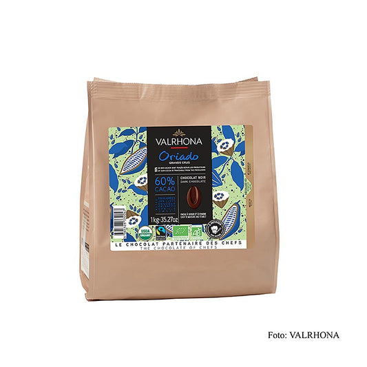 Valrhona Oriado, Couverture Dunkel 60%, Callets, BIO, 1 kg - Hochwertige Bio-Schokolade mit 60% Kakaoanteil, ideal für Back- und Dessertkreationen, praktische Callets-Form für einfaches Schmelzen und Dosieren, perfekt für Pralinen, Mousses und andere Desserts, bio-zertifiziert (FR-BIO-01)