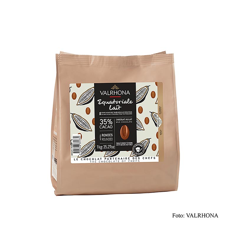 Valrhona Equatoriale Lait, Vollmilch Couverture, Callets, 35% Kakao, 1 kg - Universal Vollmilchschokolade zum Überziehen und Dekorieren von Backwaren, Füllen von Pralinen und Herstellen von Mousse