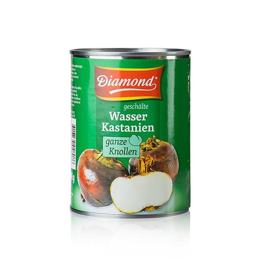 Peeled water chestnuts in water, packed in Diamond brand 540 g can