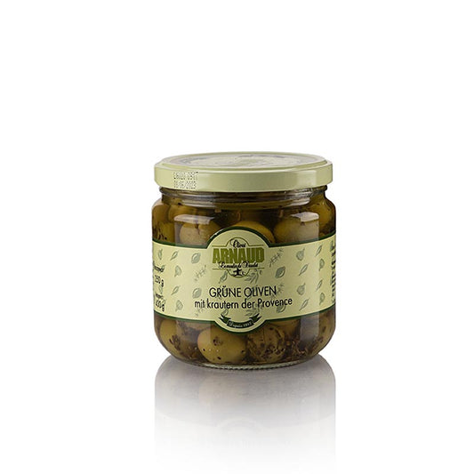 Grüne Oliven, mit Kern, mit Kräutern der Provence, Arnaud, 430 g - Aufgespaltene grüne Oliven in Salzlake eingelegt, verfeinert mit Kräutern der Provence und angereichert mit Sonnenblumenöl, charakteristisches Aroma, beliebte Deko zu kalten Speisen und pikanten Saucen