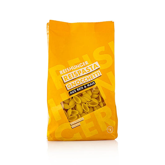 Glutenfreie Reispasta-Gnochetti aus Mais und Reis von Reishunger, gelb wie die Sonne geküsst, perfekt als Suppeneinlage oder in Käse-Spinatsauce, mit einer Kochzeit von etwa 10-12 Minuten