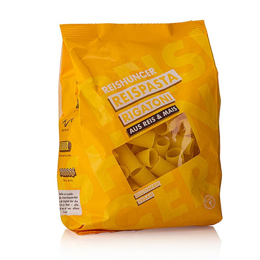 Glutenfreie Reispasta Rigatoni aus Mais & Reis von Reishunger, ideal für fantasievolle Füllungen und Saucen, mit einer Kochzeit von 11-12 Minuten