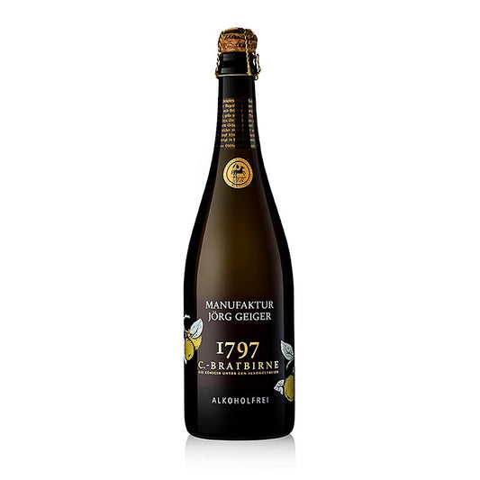 Jörg Geiger Birnenschaumwein von der C-Bratbirne, alkoholfrei, 750 ml - Eine elegante und exklusive alkoholfreie Alternative, mit feinen Dörrbirnen- und Briochenoten, hergestellt aus der traditionsreichen Weinbirne Champagner-Bratbirne, mit zurückhaltender Süße und gut eingebundener Säure, feinem Nachhall und dezenten Gerbstoffnoten, erhältlich auch in Magnum-Größe