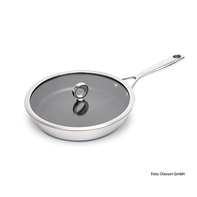Olavson Kupferkern Pfanne mit Deckel, beschichtet, 26cm, für alle Herdarten, 1 St Pure Kupferkernschicht (40%) für perfekte Wärmeleitung, 5-Schichtmaterial für Induktion & Spülmaschine geeignet, ofenfest & wiederbeschichtbar