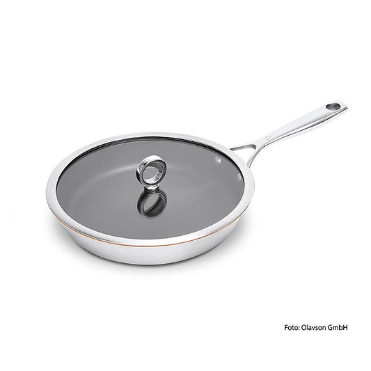 Olavson Kupferkern Pfanne mit Deckel, beschichtet, 26cm, für alle Herdarten, 1 St Pure Kupferkernschicht (40%) für perfekte Wärmeleitung, 5-Schichtmaterial für Induktion & Spülmaschine geeignet, ofenfest & wiederbeschichtbar