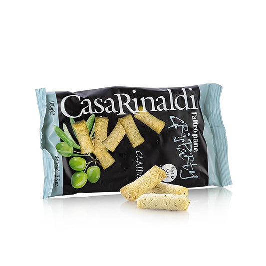 Kleine Grissini-Knabbergebäck mit Olivenöl von Casa Rinaldi, perfekt als Snack oder Beilage, knusprig mit authentischem italienischem Geschmack, 100g-Packung