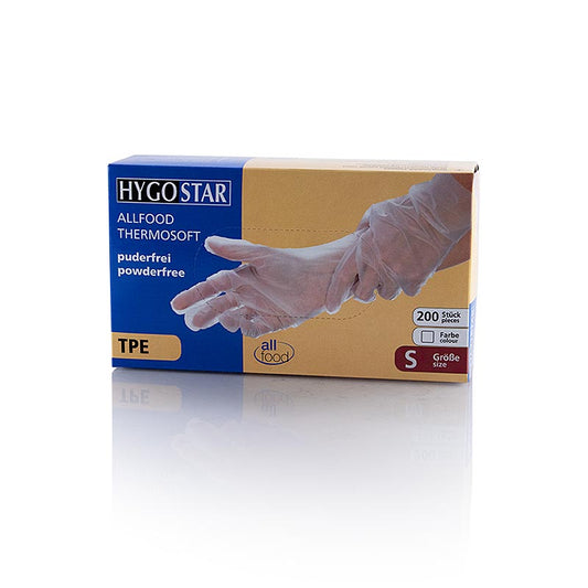 Einweghandschuhe TPE Allfood Thermosoft von Hygostar, transparente Handschuhe in Größe S, aus weichem und angenehmem TPE-Material, ideal für den Einsatz in Hygiene- und Schutzbekleidungsbereichen, perfekter Komfort für Lebensmittel- oder Grillzubehörbereiche