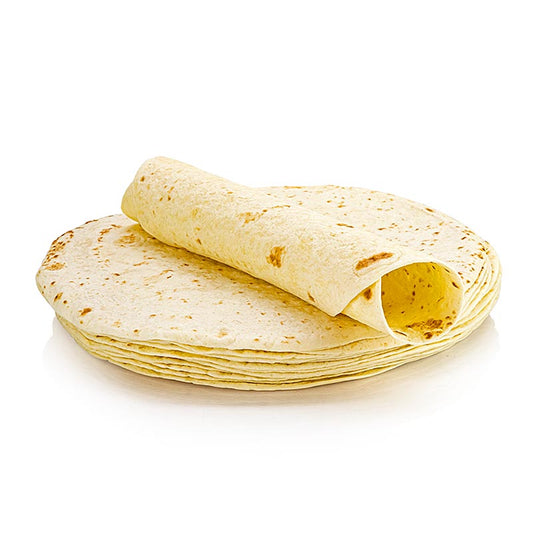 Weizen-Tortillas Wraps, ø30cm, Poco Loco, 8,7 kg, 90 St - Produktbild für mexikanische Küche, Quesadillas und Burritos, hergestellt aus Weizenmehl, vielseitig befüllbar und schnell aufwärmbar im Backofen
