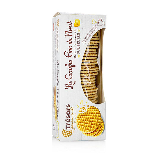 Barsnack Tresors - La gaufre fine, süße franz Butter Waffel, 220 g - Produktbild mit feiner französischer Butterwaffel, gebacken nach traditionellem Rezept, perfekt als Topping für Desserts oder zum Kaffee genießen