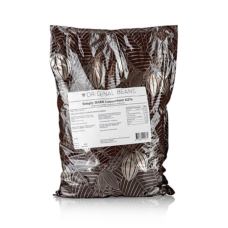 Cioccolato fondente Simply Dark 62% Cacao, amaro, gocce, Original Beans, vegano, 2 kg