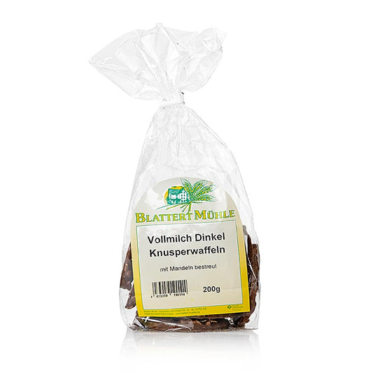Vollmilch-Dinkelwaffel mit Mandelsplittern in Schokolade, Blattert Mühle, 200 g - Eine köstliche Knabberspezialität perfekt für Tee, Kaffee oder einfach zum Genießen