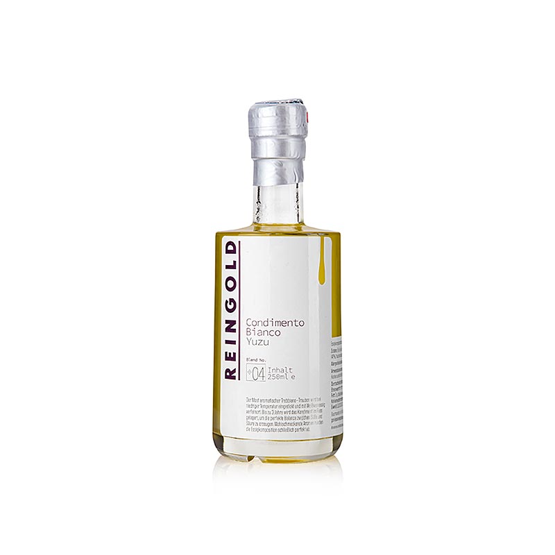 250 ml Flasche Reingold - Essig Condimento bianco No 4 Yuzu, perfekt für Salate und Antipasti, bietet eine Vielfalt an Geschmacksrichtungen und eine köstliche Kombination aus Aromen und Genuss!
