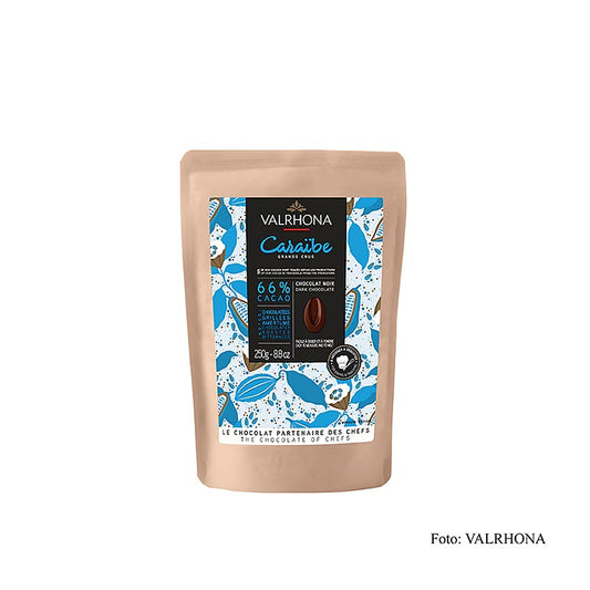 Valrhona Caraibe, Bitterschokolade, 66%, Callets, 250 g - Hochwertige Schokolade aus der Karibik, ideal zum Schmelzen, Überziehen und Dekorieren, mit mild-warmen Aromen von Trockenfrüchten