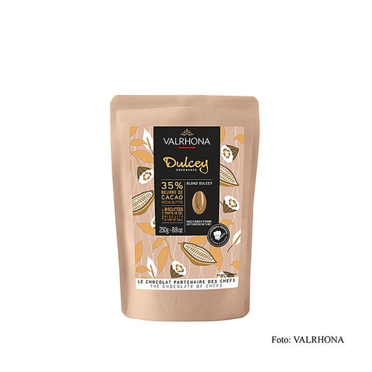 Valrhona Dulcey, blonde Couverture, Callets, 35% Kakao, 250 g - milde, cremige Schokolade mit biskuitartiger Süße und intensiven Aromen, ideal für Karamell, Kaffee und gelbe Früchte, inspiriert von einem glücklichen Zufall in der Ecole du Grand Chocolat Valrhona