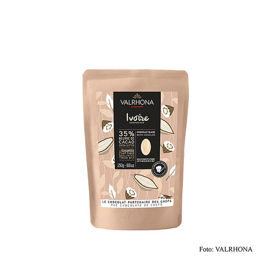 Valrhona Ivoire, weiße Couverture, Callets, 35% Kakaobutter, 250 g - zarte und leicht gesüßte weiße Schokolade mit 35% Kakaobutter, ideal für Konditorwaren, Formen, Füllungen, Schokoladenwaren, Eisherstellung und Überziehen von Pralinen