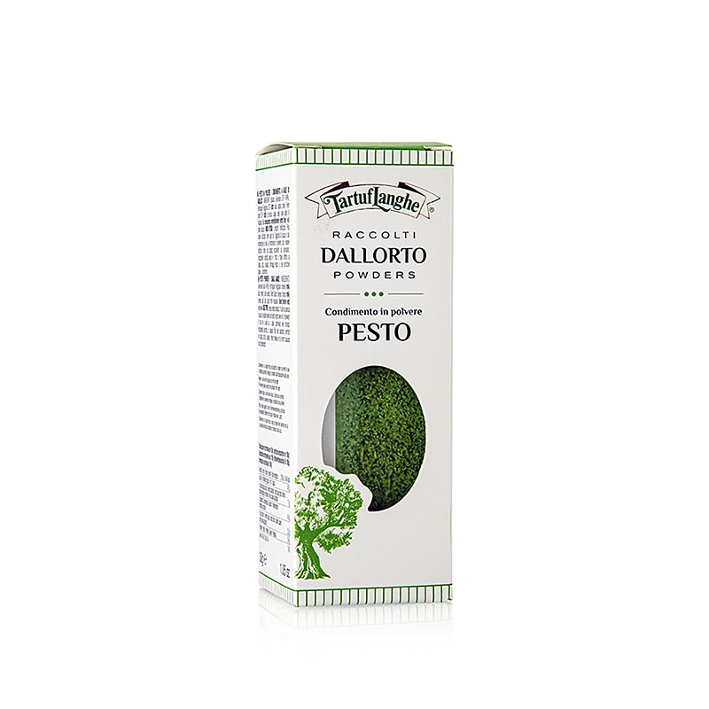 German

Alt text: Tartuflanghe DALLORTO® Pesto in Pulver, dehydriert, 30 g - Hochwertiges, getrocknetes Pesto mit intensivem Trüffelgeschmack und einfach zu verwendender Pulverform für köstliche Gerichte