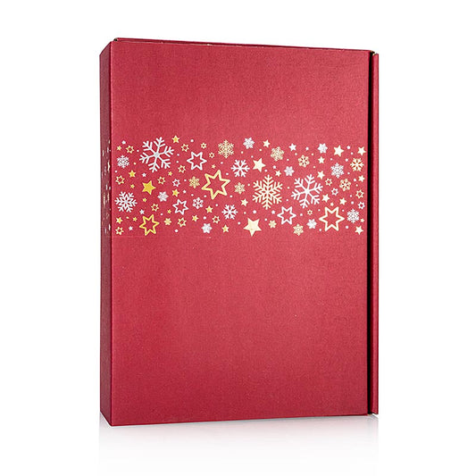 Präsentkarton Lino Sternenband Rot in Größe 360x250x90mm für Weinpräsente und Geschenke, mit edlem Sternenband-Motiv