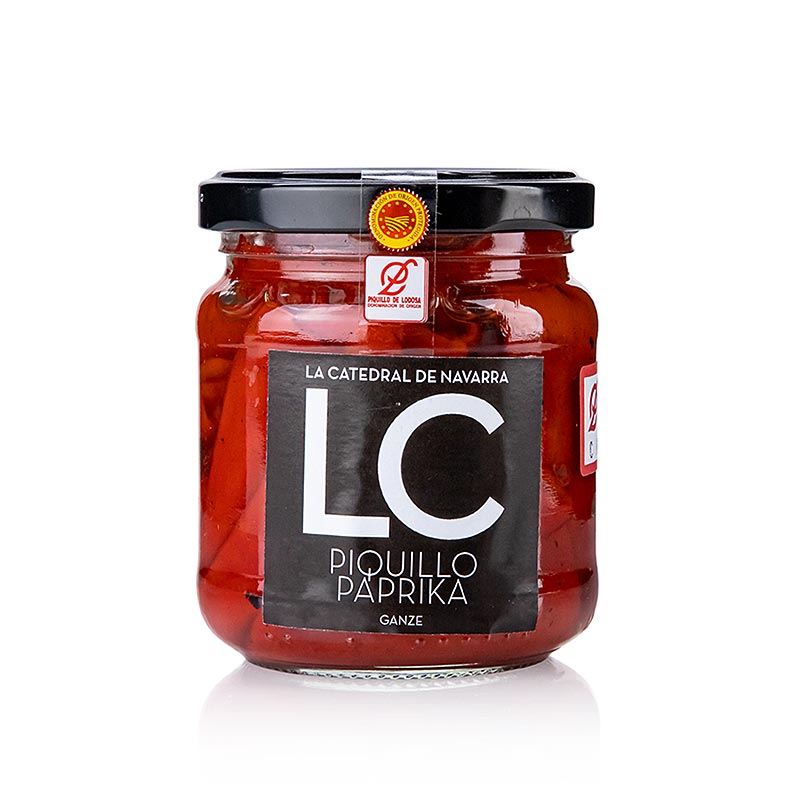 Pimiento Piquillo de Lodosa - Piquillo-Paprikaschoten, geschützt durch die DOP/PDO-Bezeichnung, handgepflückt und traditionell geröstet, mild-würziger, intensiver Geschmack, ideal für Tapas, Salate, Fleisch- und Fischgerichte, verpackt in einer praktischen 190-g-Dose, köstliche Delikatesse der spanischen Küche